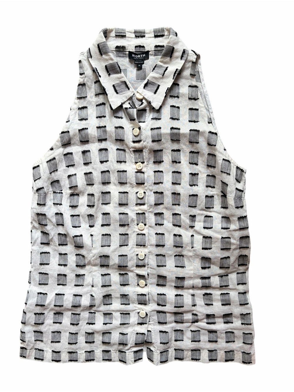 Worth New York Black Checkered Sleeveless Tank Top Linen Blend Shirt Button Down